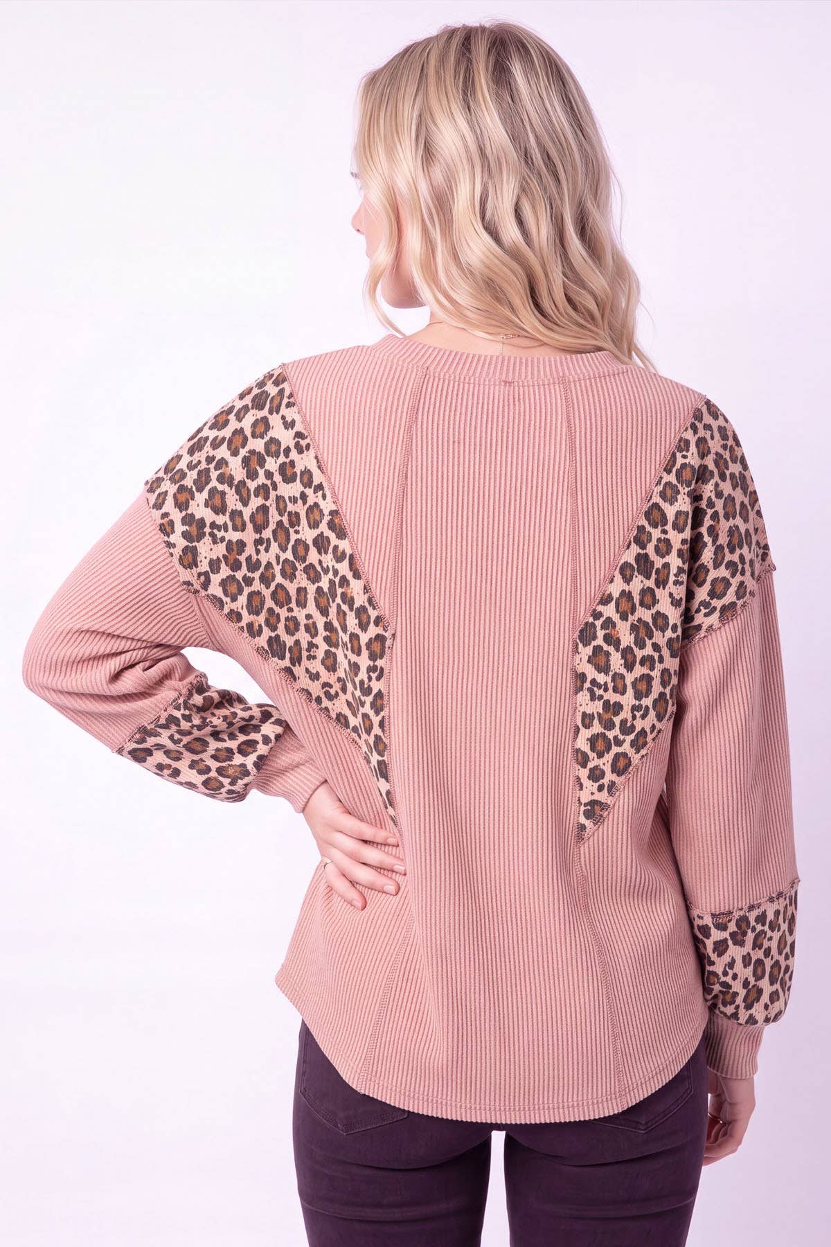 Leopard Contrast Rib Knit Pullover
