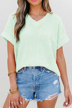 Waffle Texture V Neck Short Sleeve Knit Top | S-XL