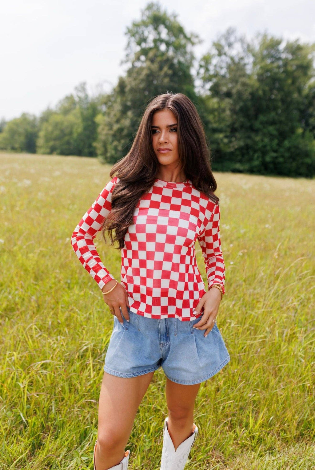Fest Red Checkerboard Mesh Top