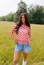 Fest Red Checkerboard Mesh Top