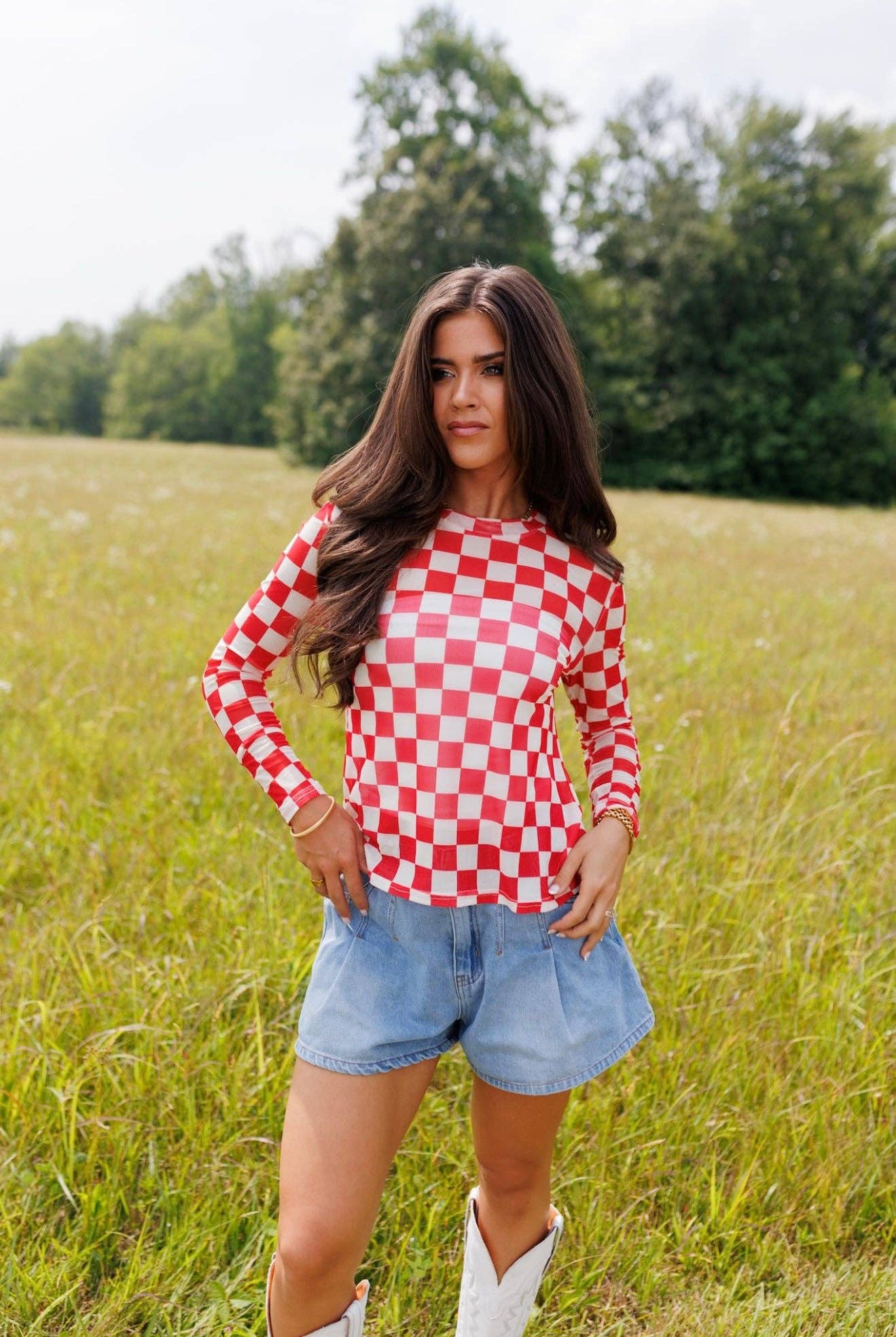 Fest Red Checkerboard Mesh Top