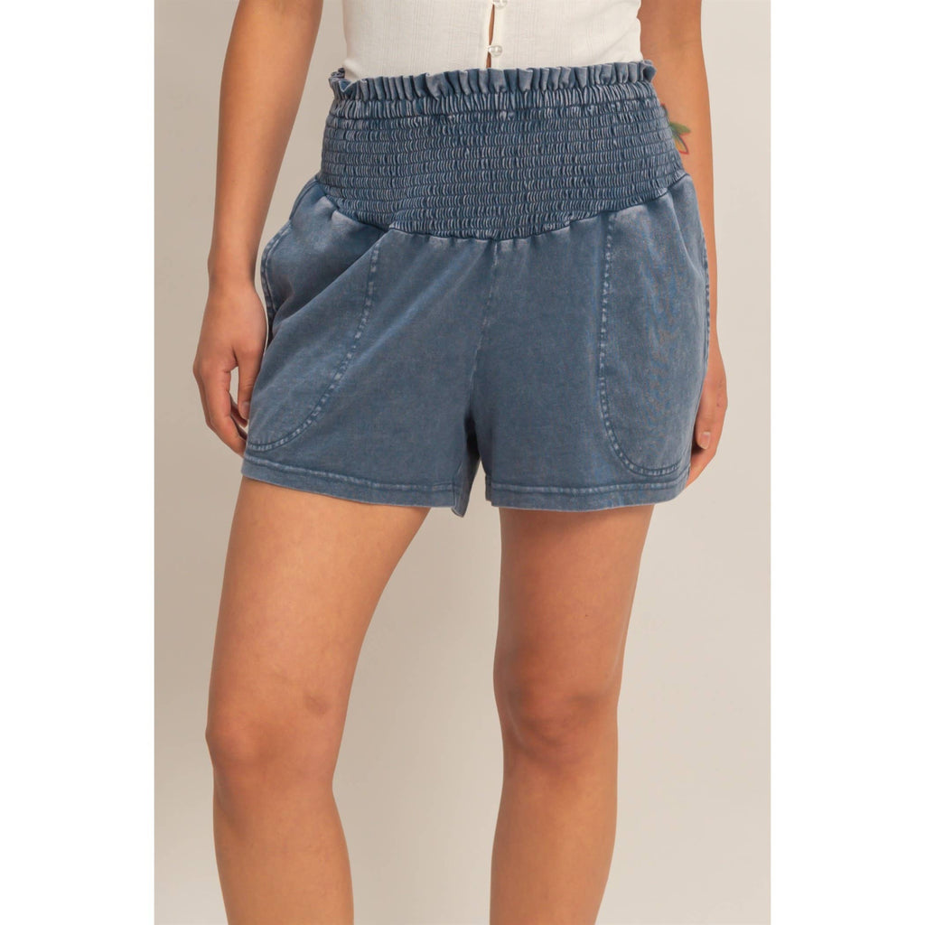 Smocked Waist Mineral Wash Shorts