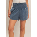 Smocked Waist Mineral Wash Shorts