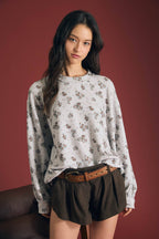 FLORAL DOT PRINT LONG SLEEVE TEXTURED KNIT TOP
