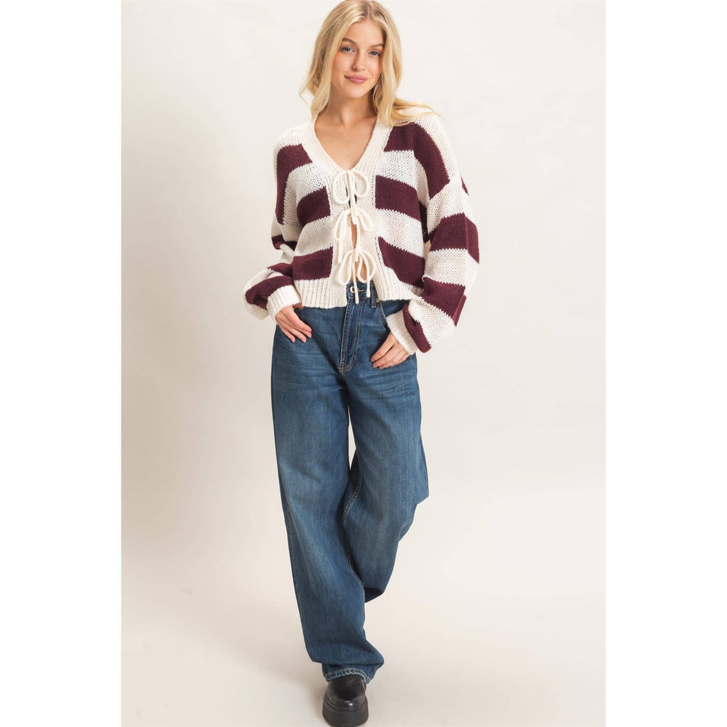 Striped V-Neck Sweater Cardigan