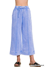 Acid Washed Fleece Pintuck Wide Leg Cropped Pants w/ Pockets