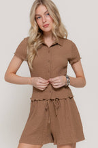 Short Sleeve Button Down Top & Shorts Crinkle Knit Set
