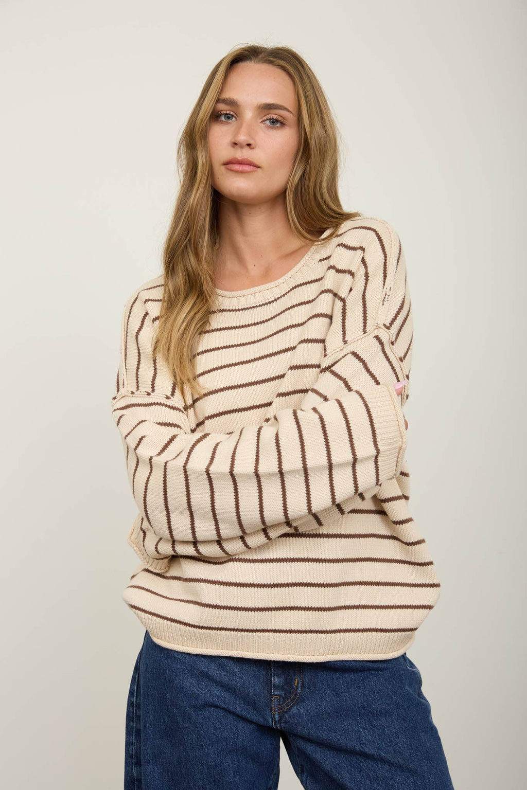 CREAM STRIPED DROP SHOULDER CREW NECK SWEATER