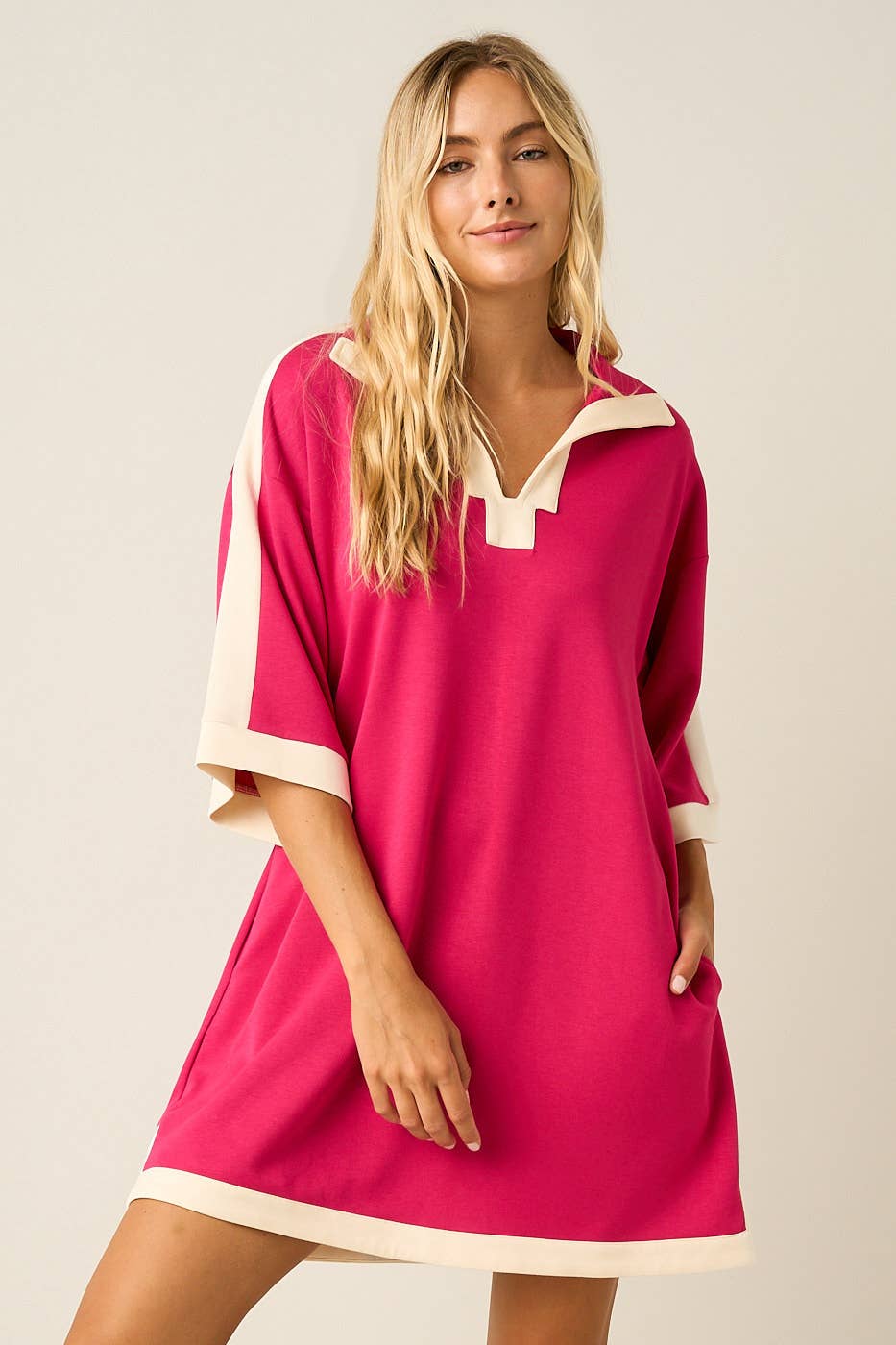 CLOUD KNIT CONTRAST STRIPE POLO MINI SHIRT DRESS