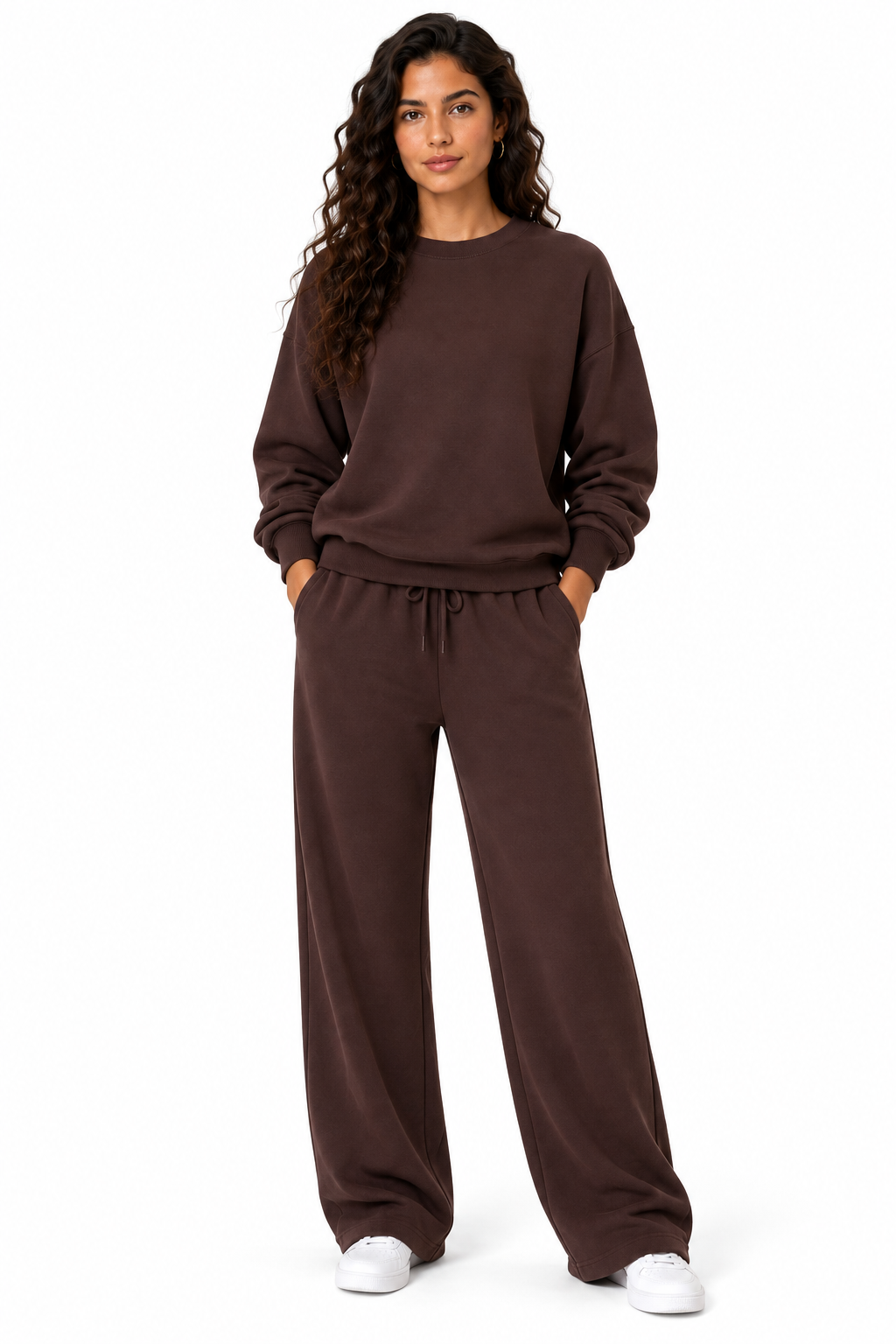 Fleece lined sweat shirt with wide leg loungewear 2 pcs set