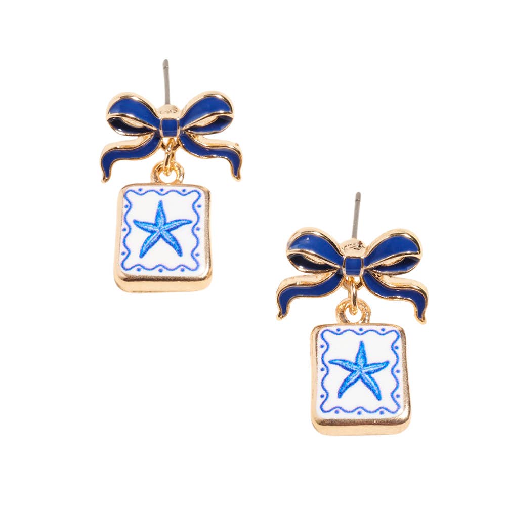 Bow Shell Print Square Frame Drop Earrings