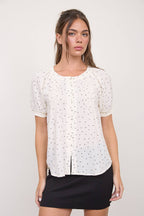 PINTUCK POLKA DOT BUTTON DOWN PUFF SLEEVE TOP