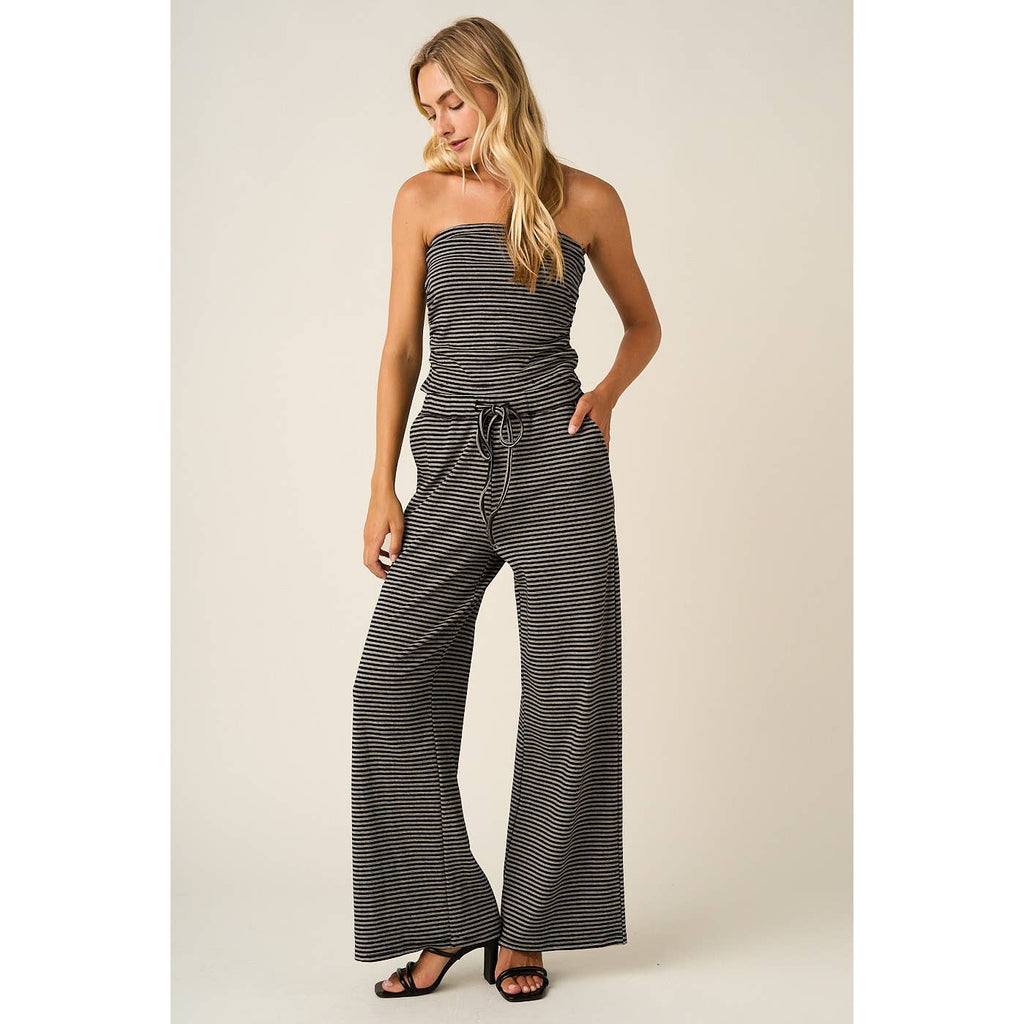 STRIPED PRINT SMOCKED BACK TUBE TOP AND PANTS SET