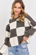 CASUAL SOFT COZY  RELAXED FIT CHECKER KNIT SWEATER