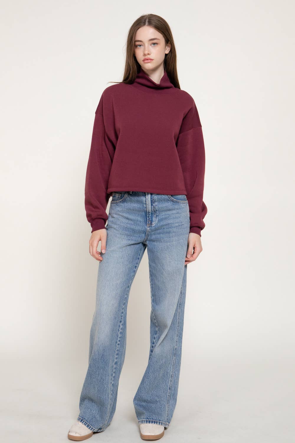 Long Sleeve Ribbed Mock Neck Inner Brushed Sweatshirt