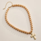 Faceted Beaded Necklace with Hammered Cross Pendant