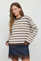 HEATHERED MULTI-STRIPE RAW EDGE KNIT SWEATER