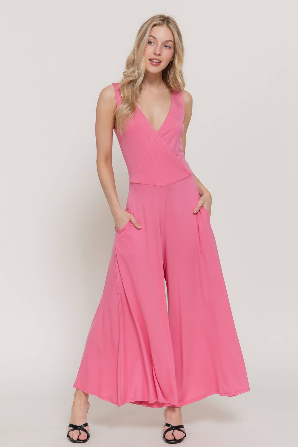 Sleeveless Double V-Neck Surplice Knit Jumpsuit