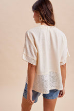 Mixed Media Flower Print Lace Trimmed Knit Top