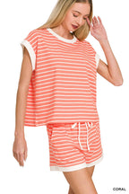 Stripe Contrast Trim Top & Shorts Set