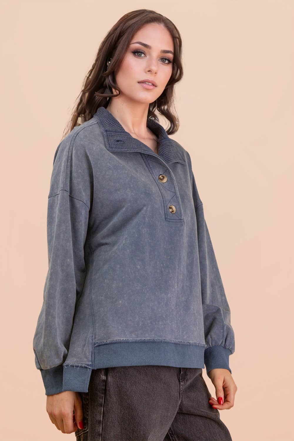 NT12225-Mock Neck Mineral Washed Knit Causal Top