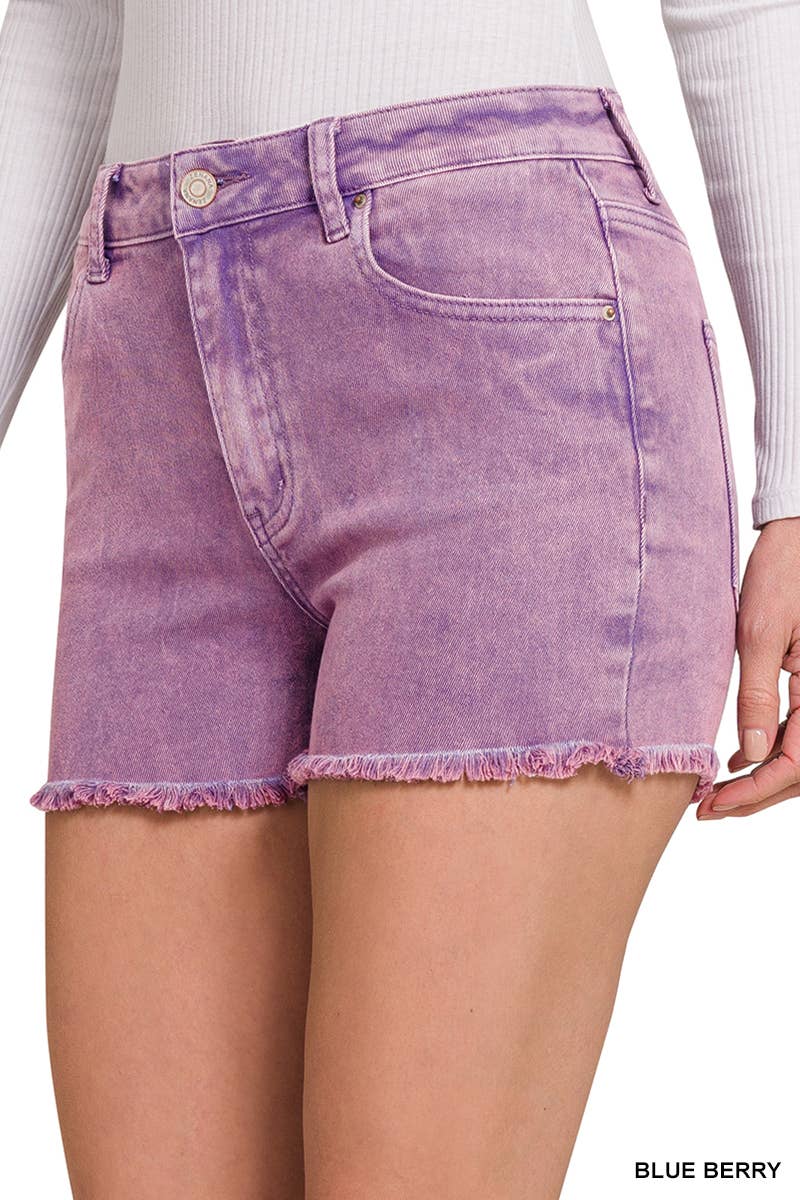 Washed Fray Hem Cotton Denim Shorts - Zenana