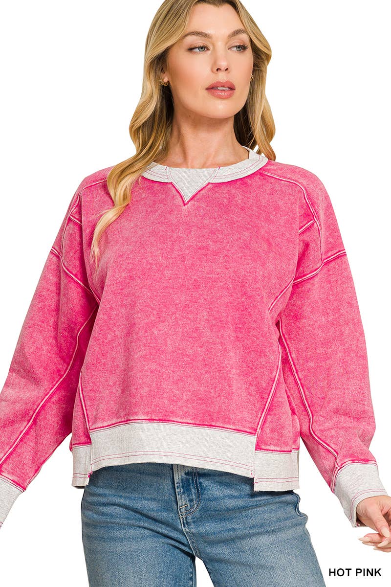 Acid Washed Fleece Contrast Trim Sweatshirts
