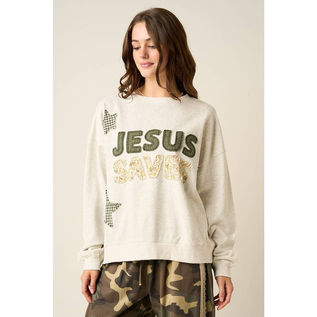 JESUS SAVES PATCHWORK CREW NECK SWEATSHIRT
