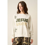 JESUS SAVES PATCHWORK CREW NECK SWEATSHIRT