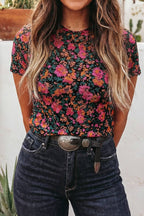 Retro Floral Printed Mesh Western Top