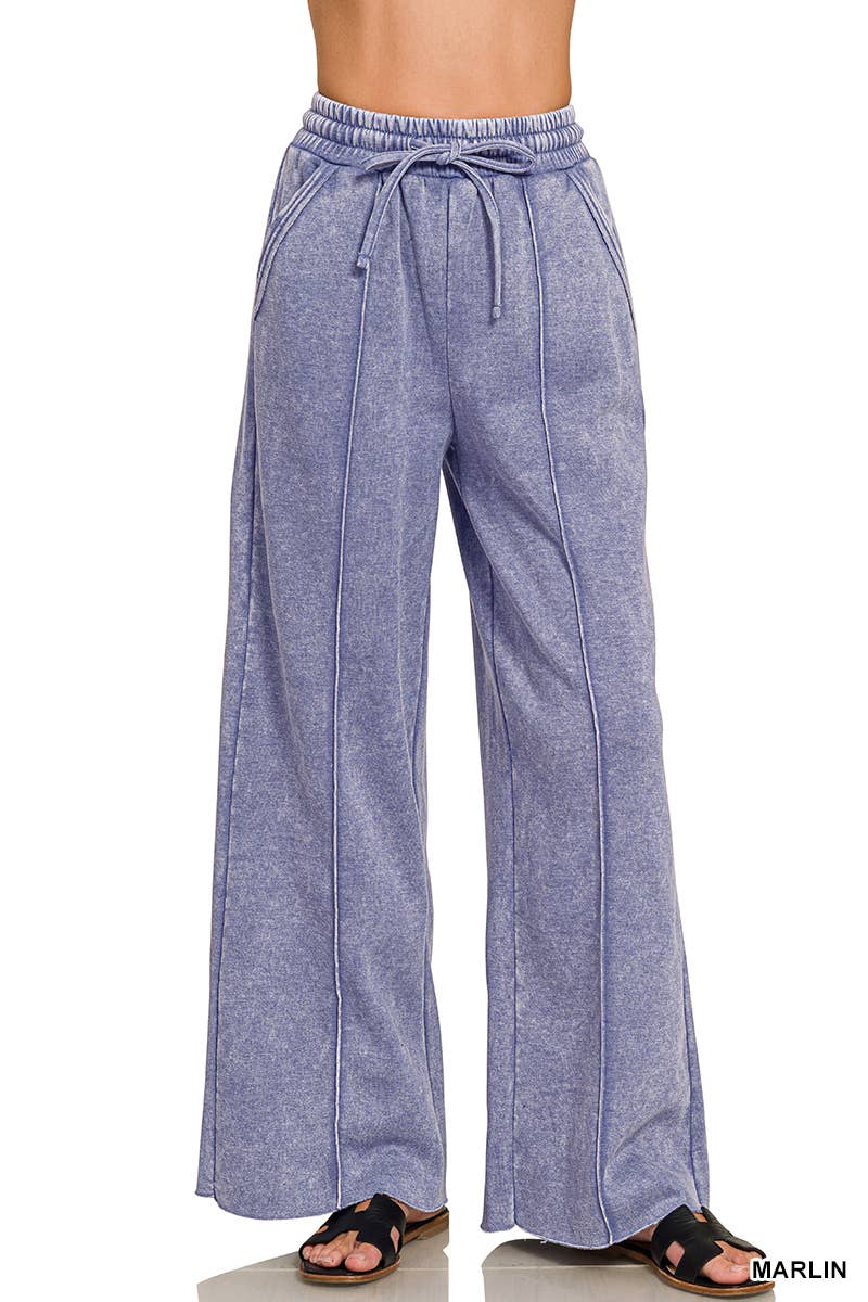 Acid Washed Fleece Pintuck Wide Leg Pants w/ Pockets