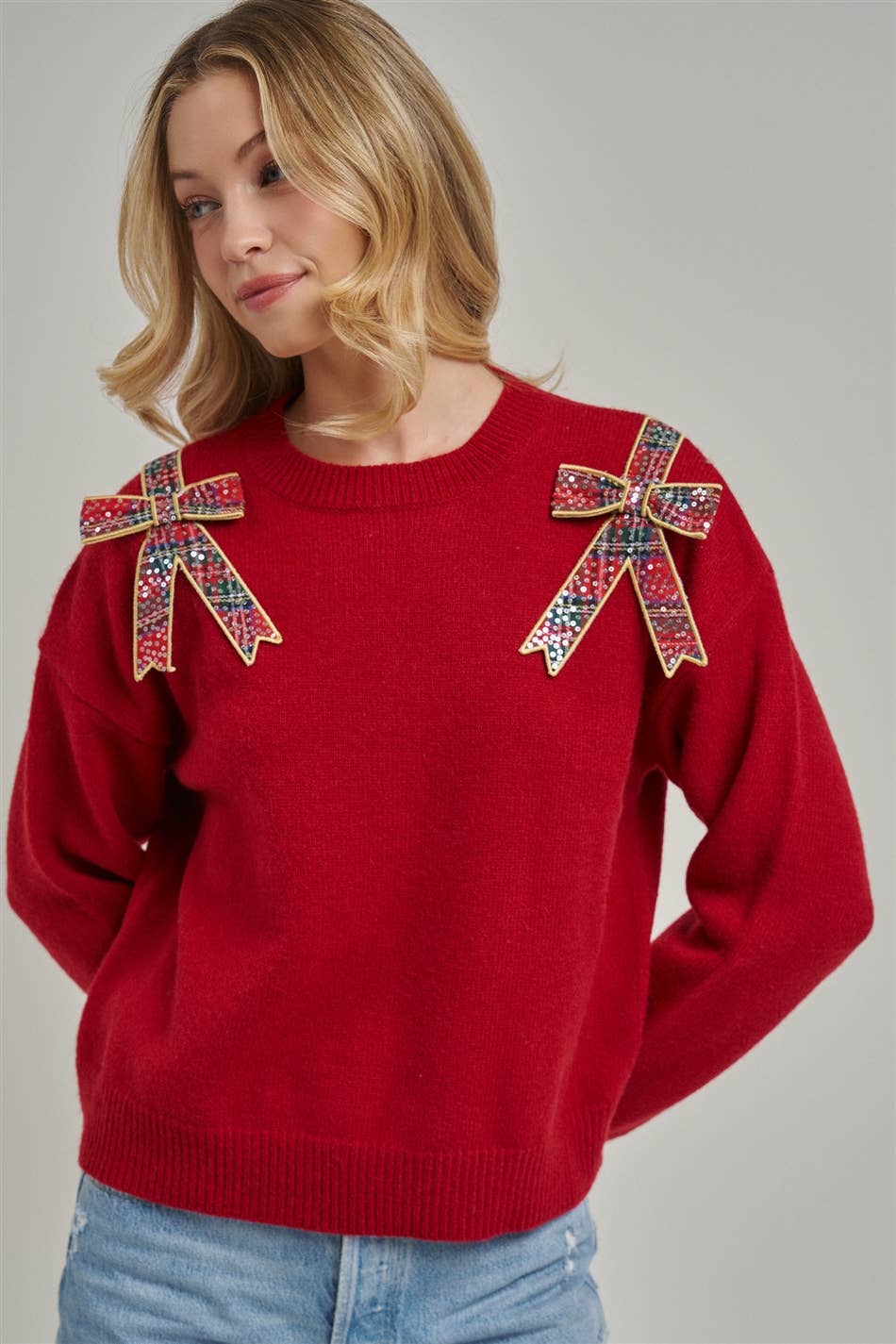 CHRISTMAS HOLIDAY SWEATER TOP WITH BOW APPLIQUES_JLT00420-01