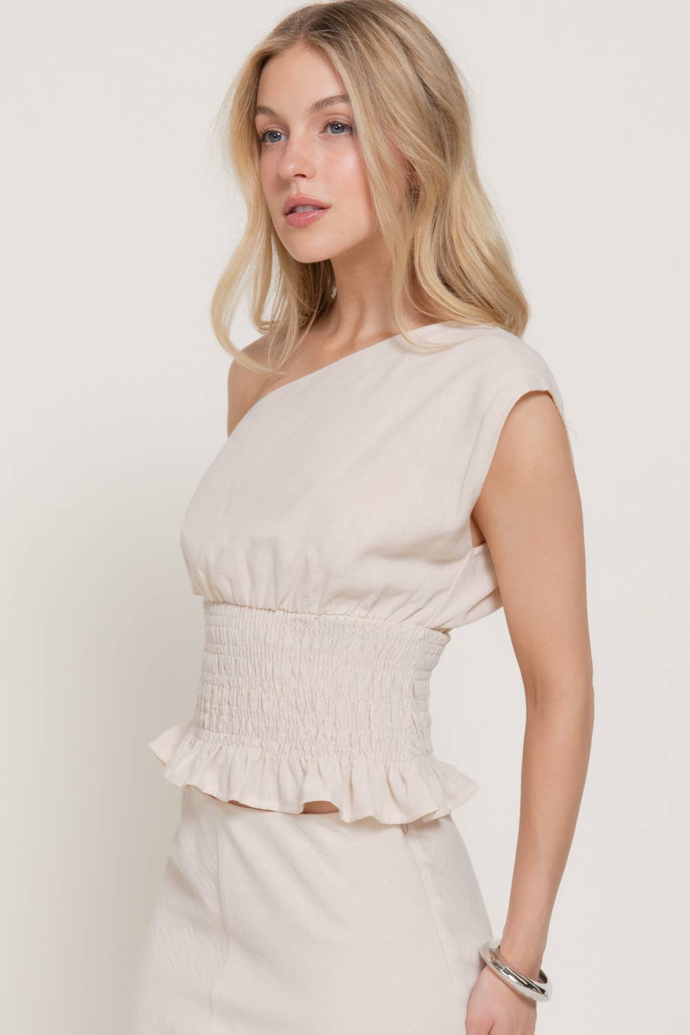 Asymmetrical Off The Shoulder Smocking Linen Effect Top