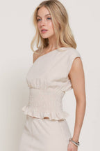 Asymmetrical Off The Shoulder Smocking Linen Effect Top