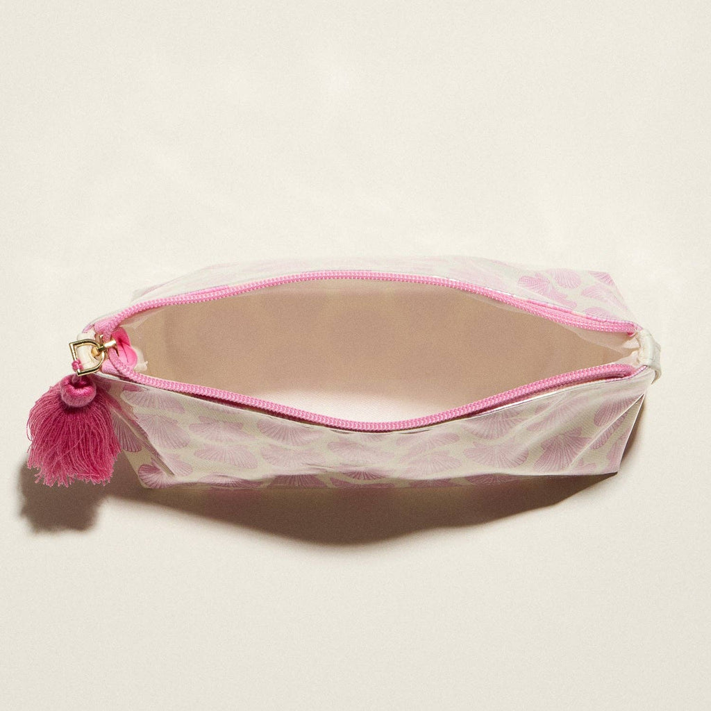 Pink Seashell Print Cosmetic Pouch | Zipper Makeup Bag with Tassel
