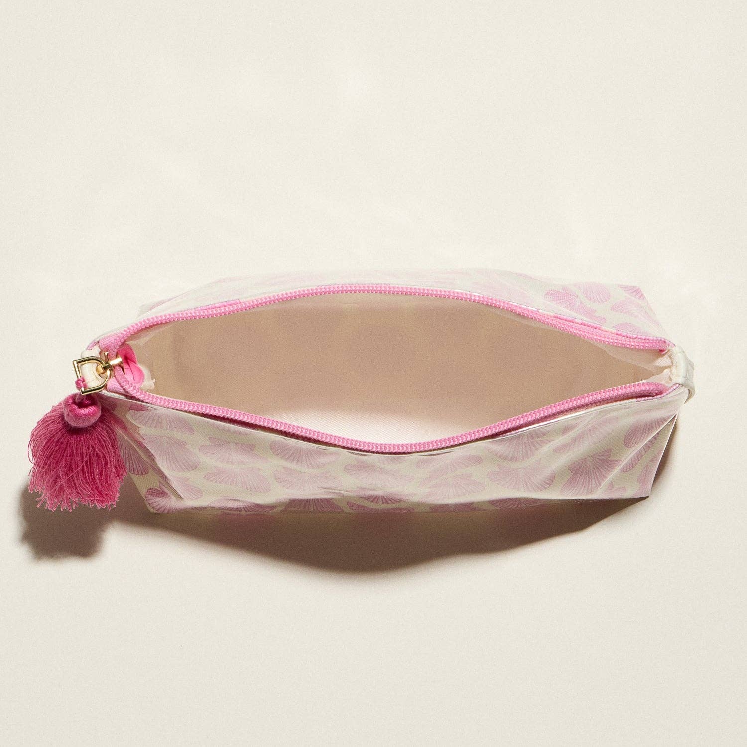 Pink Seashell Print Cosmetic Pouch | Zipper Makeup Bag with Tassel