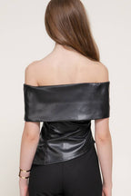 Off Shoulder Assymetrical Hem Faux Leather Top