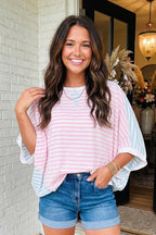 LAS Striped Dolman Sleeve Patchwork Oversize T Shirt (S-XL)