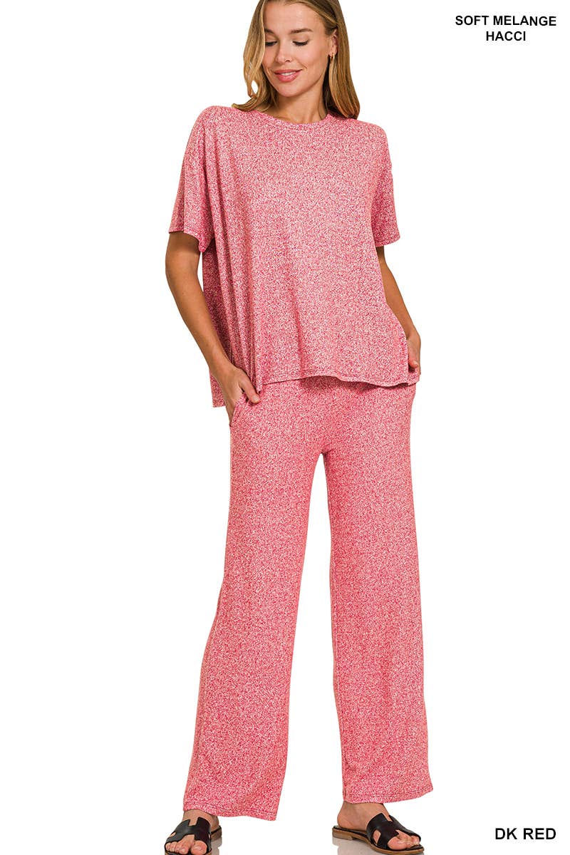 Soft Melange Short Sleeve Tee & Long Pants Set - Zenana