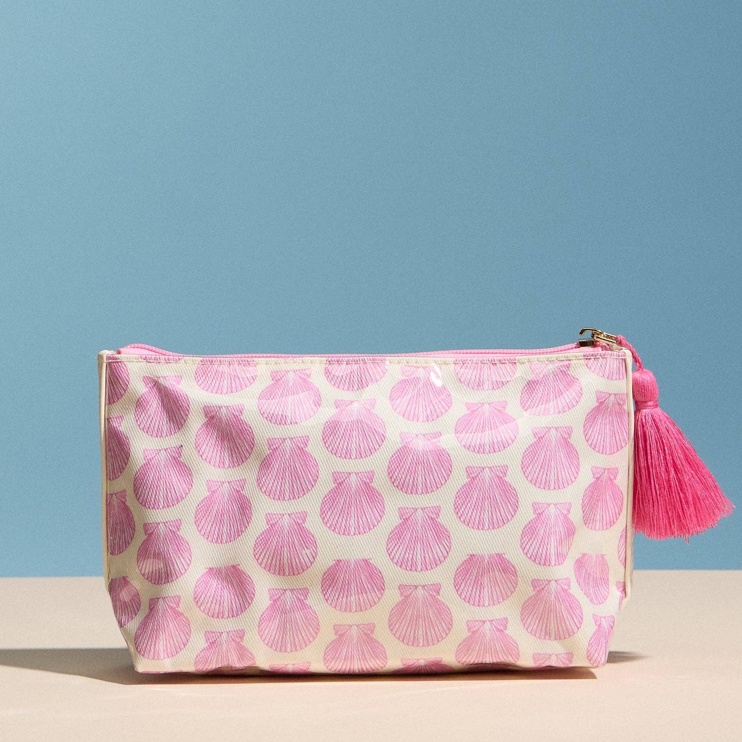 Pink Seashell Print Cosmetic Pouch | Zipper Makeup Bag with Tassel