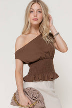 Asymmetrical Off The Shoulder Smocking Linen Effect Top