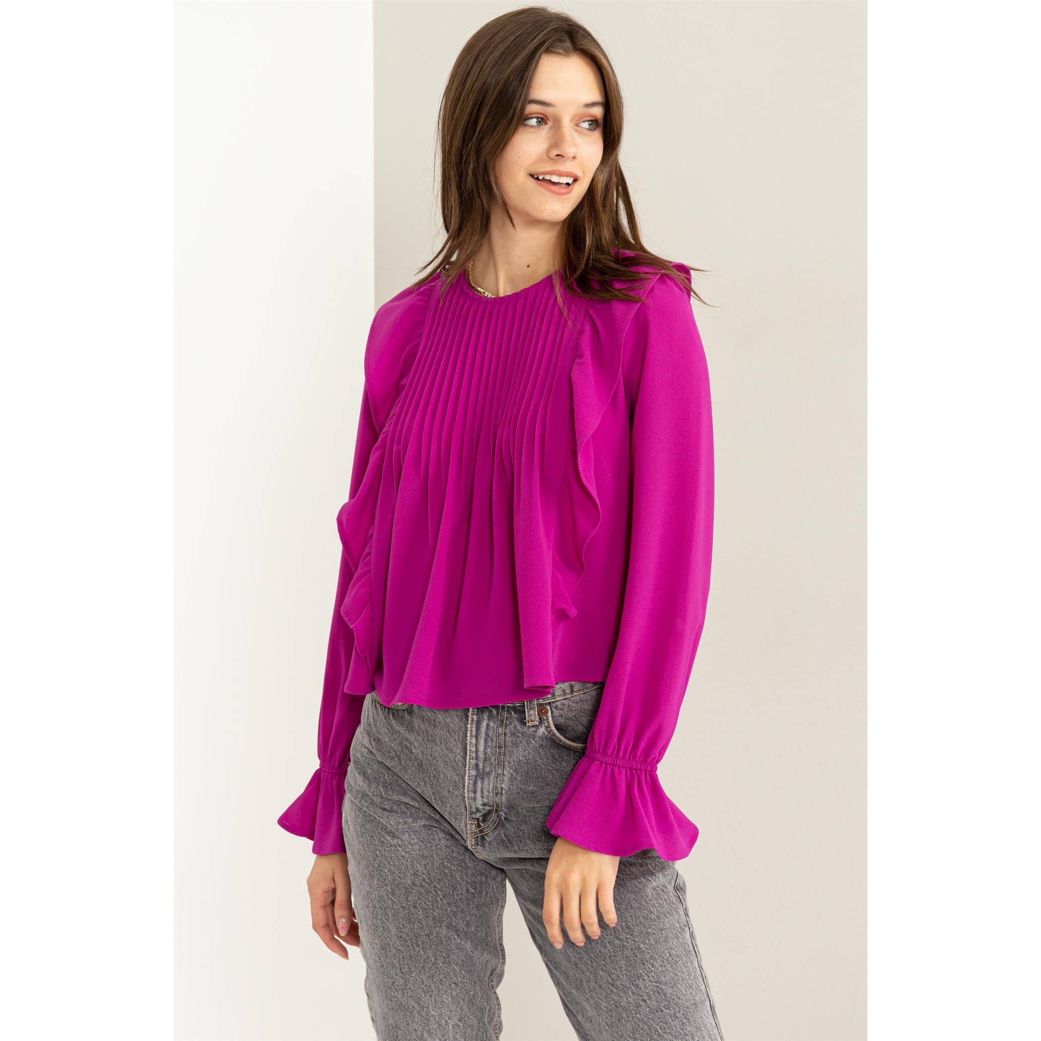 Pintuck Ruffle Detail Woven Blouse
