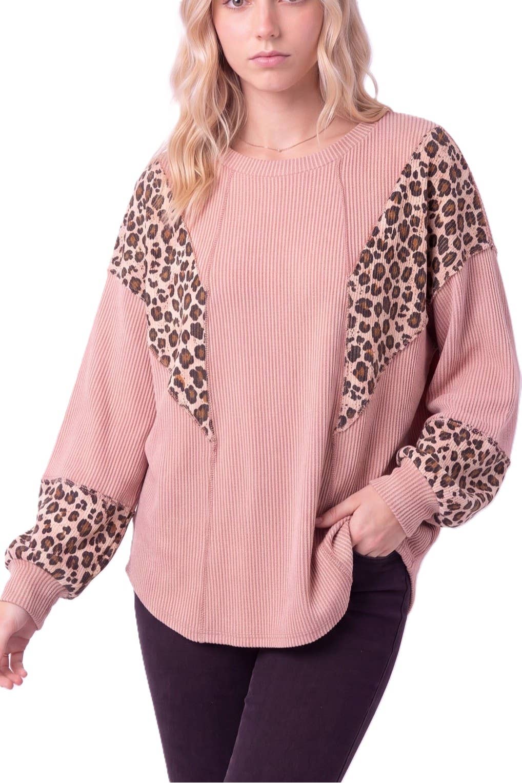 Leopard Contrast Rib Knit Pullover