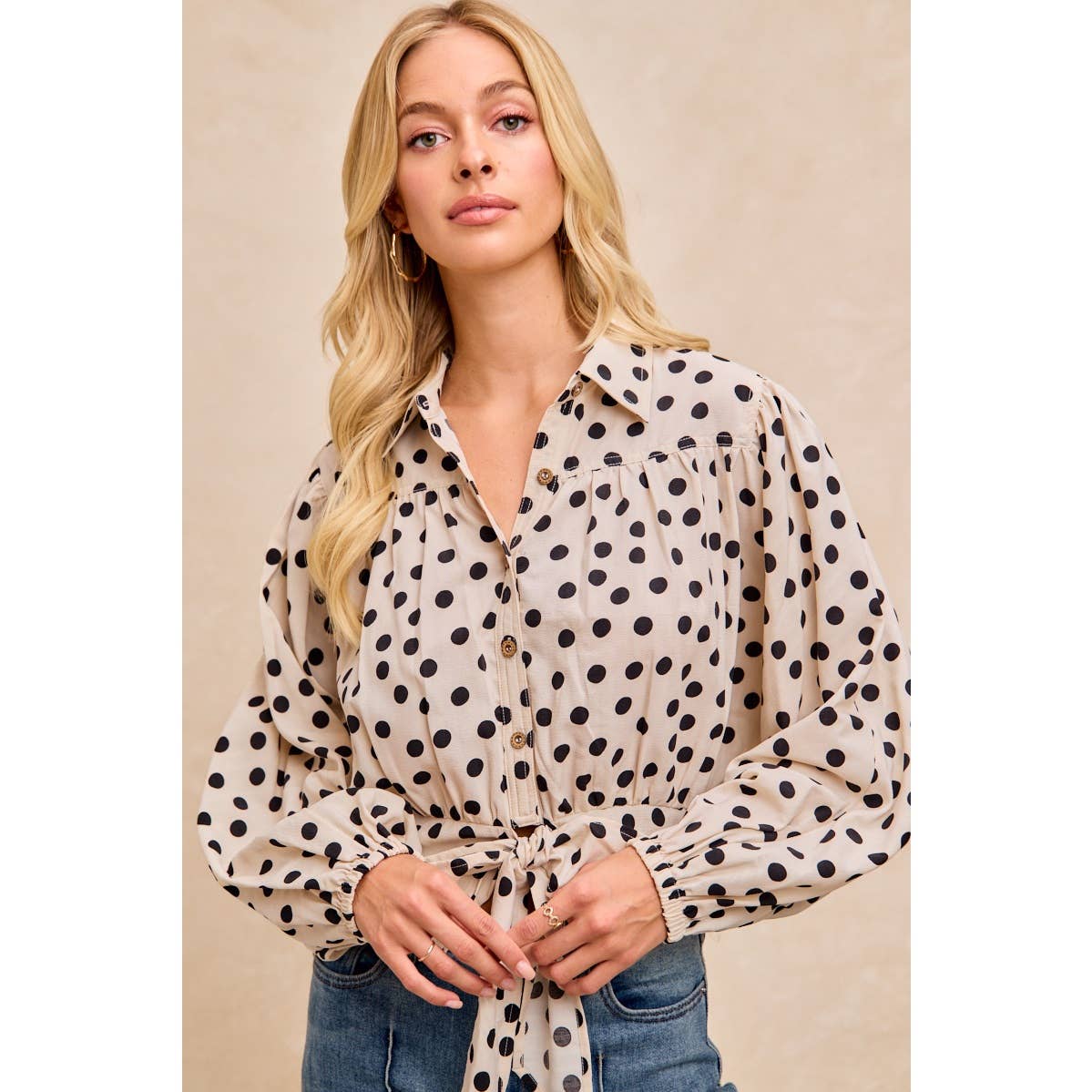 POLKA DOT PRINT TIE HEM DETAIL CROP BLOUSE TOP