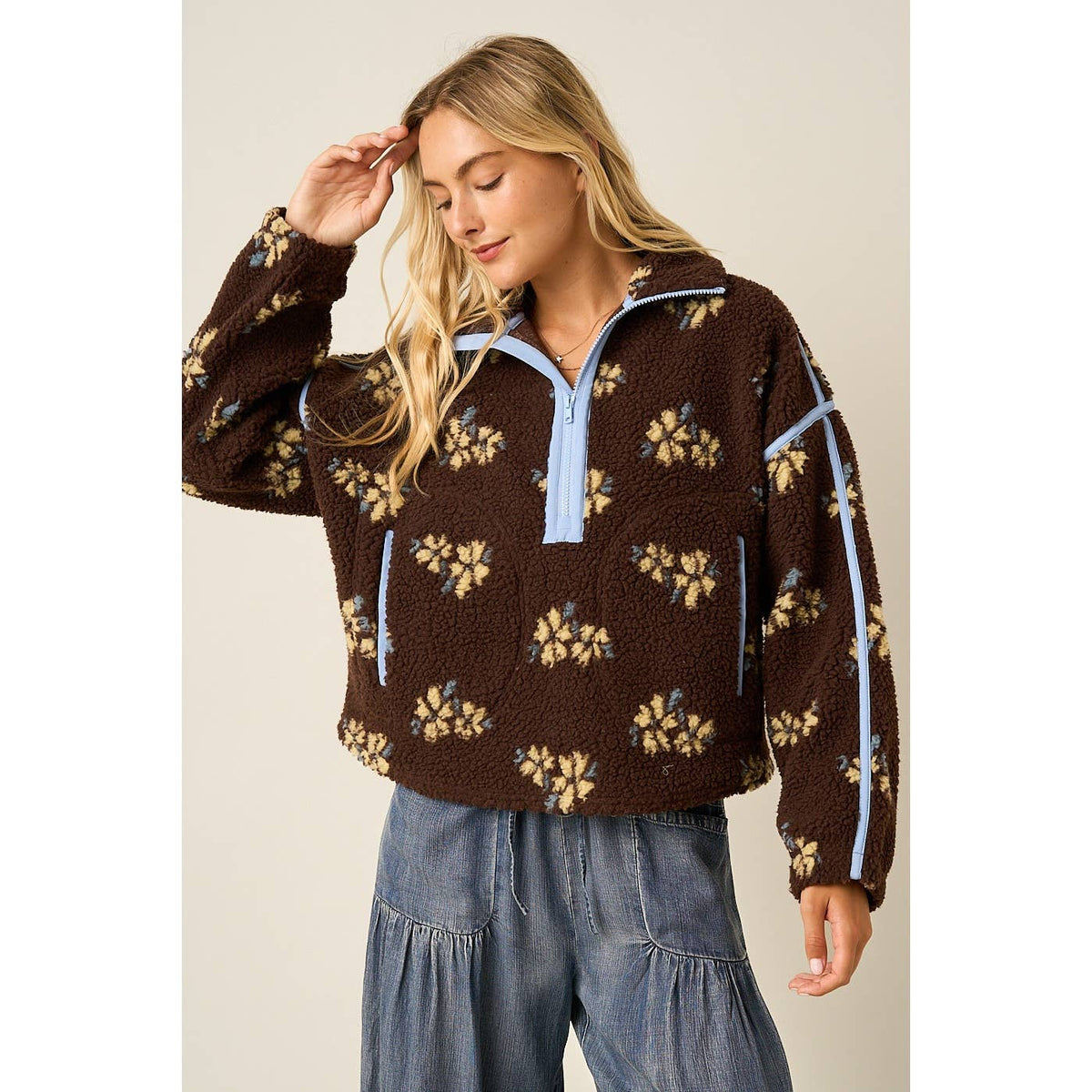 FLOWER PRINT HALF ZIP CONTRAST FLEECE SWEATSHIRT