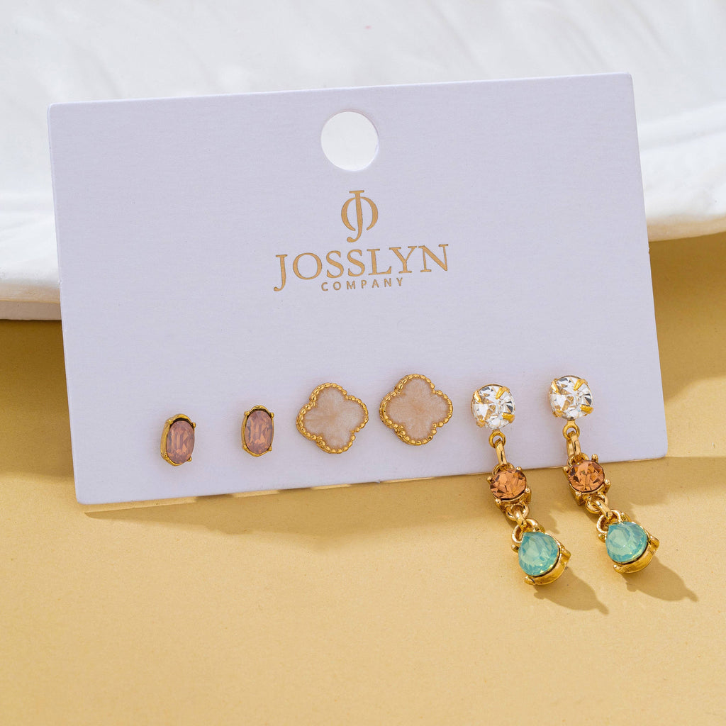 Mixed Clover Rhinestone Stud Drop Trio Earring Set| 80E62676
