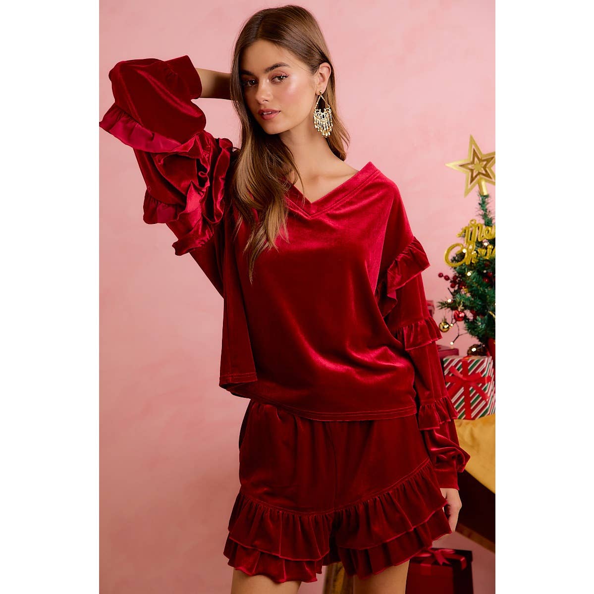 HOLIDAY VELVET RUFFLED SLEEVES V NECK TOP