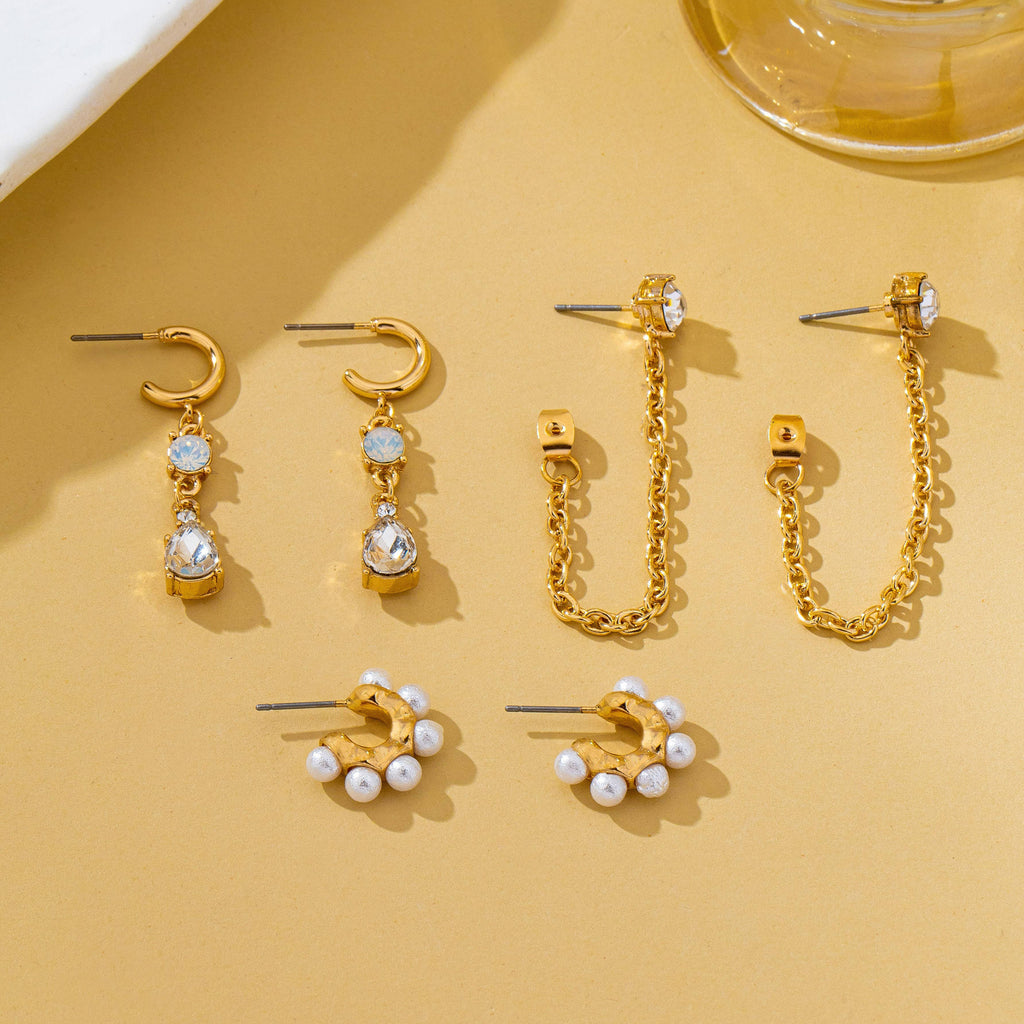 Pearl Hoop Crystal Drop Chain Trio Earring Set | 80E62685