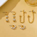 Pearl Hoop Crystal Drop Chain Trio Earring Set | 80E62685