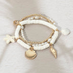 3PCS - Starfish Sea Shell Charm Heishi Pearl Beaded Stretch Multi Layered Bracelets